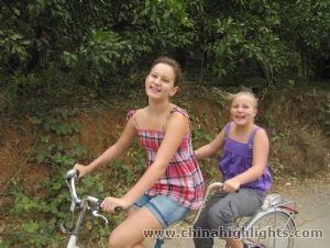 Cycling along rice paddies.